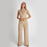 Fashion Elegant Long Sleeveless Jumpsuit Summer V-Neck Casual Wide Leg Long Overalls Clothing for Women