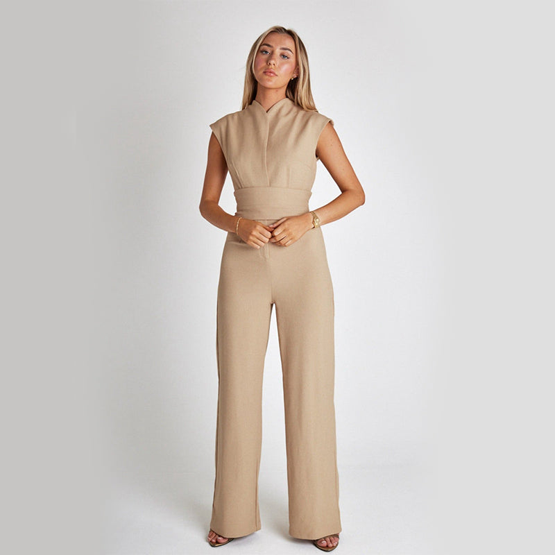 Fashion Elegant Long Sleeveless Jumpsuit Summer V-Neck Casual Wide Leg Long Overalls Clothing for Women