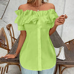 Women'S Solid Color Off-Shoulder Ruffled Blouse - Waist Button-Down Shirt for Vacation & Daily Wear