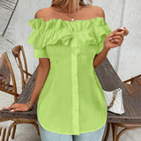 Women'S Solid Color Off-Shoulder Ruffled Blouse - Waist Button-Down Shirt for Vacation & Daily Wear