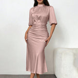 Women'S Short Sleeve Mock Neck Ruched Midi Dress Slim Fit Elegant Party Dress