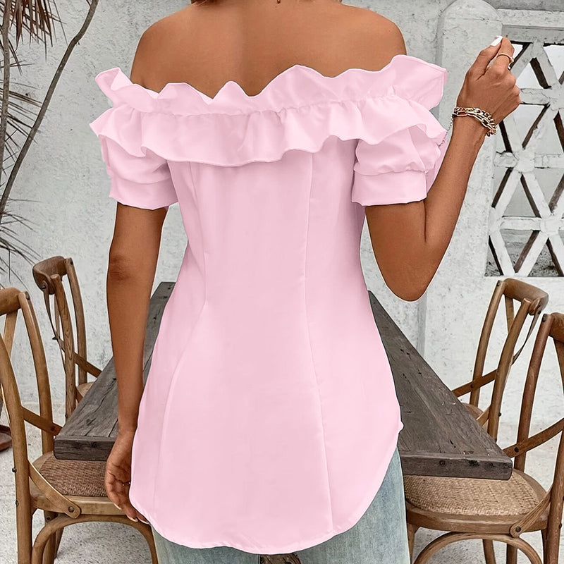 Women'S Solid Color Off-Shoulder Ruffled Blouse - Waist Button-Down Shirt for Vacation & Daily Wear