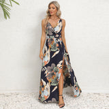 V-Neck Floral Print Long Dress Summer Fashion Waist Tie Slit Design Sleeveless Dress for Womens Clothing