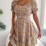 Women Mini Dress Temperament Big Swing Loose Hem Flower Print Shirring Dress up Short Sleeves High Waist Summer Dress Clothes