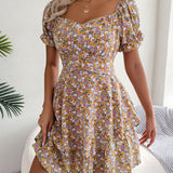 Women Mini Dress Temperament Big Swing Loose Hem Flower Print Shirring Dress up Short Sleeves High Waist Summer Dress Clothes
