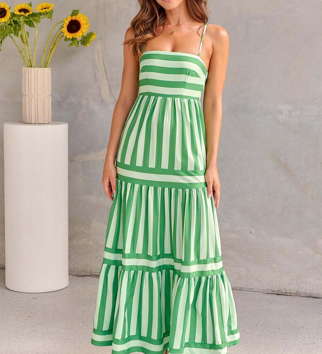 Summer Striped Printed Suspender Long Dress with Pockets Fashion Square Neck Backless Dresses for Beach Vacation Women Clothing