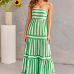 Summer Striped Printed Suspender Long Dress with Pockets Fashion Square Neck Backless Dresses for Beach Vacation Women Clothing