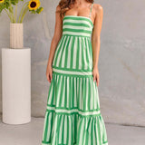 Summer Striped Printed Suspender Long Dress with Pockets Fashion Square Neck Backless Dresses for Beach Vacation Women Clothing