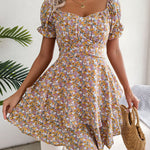 Women Mini Dress Temperament Big Swing Loose Hem Flower Print Shirring Dress up Short Sleeves High Waist Summer Dress Clothes