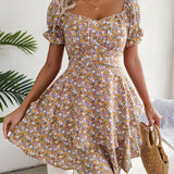 Women Mini Dress Temperament Big Swing Loose Hem Flower Print Shirring Dress up Short Sleeves High Waist Summer Dress Clothes