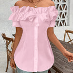 Women'S Solid Color Off-Shoulder Ruffled Blouse - Waist Button-Down Shirt for Vacation & Daily Wear