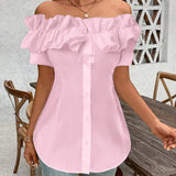 Women'S Solid Color Off-Shoulder Ruffled Blouse - Waist Button-Down Shirt for Vacation & Daily Wear