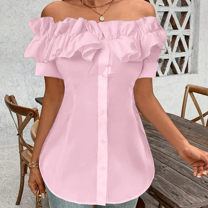 Women'S Solid Color Off-Shoulder Ruffled Blouse - Waist Button-Down Shirt for Vacation & Daily Wear