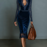 Elegantné midi-párty šaty z tmavomodrého zamatového materiálu pre ženy so čipkovým výstrihom a rukávmi