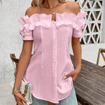 Women'S Solid Color Off-Shoulder Ruffled Blouse - Waist Button-Down Shirt for Vacation & Daily Wear