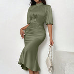 Women'S Short Sleeve Mock Neck Ruched Midi Dress Slim Fit Elegant Party Dress