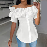 Women'S Solid Color Off-Shoulder Ruffled Blouse - Waist Button-Down Shirt for Vacation & Daily Wear