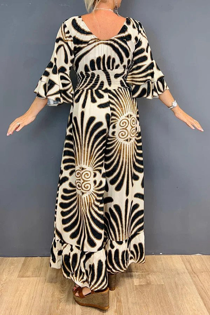 Autumn Lotus Leaf Long Sleeve V-Neck Printed Long High Waist Jumpsuit