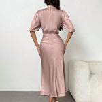 Women'S Short Sleeve Mock Neck Ruched Midi Dress Slim Fit Elegant Party Dress
