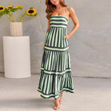 Summer Striped Printed Suspender Long Dress with Pockets Fashion Square Neck Backless Dresses for Beach Vacation Women Clothing