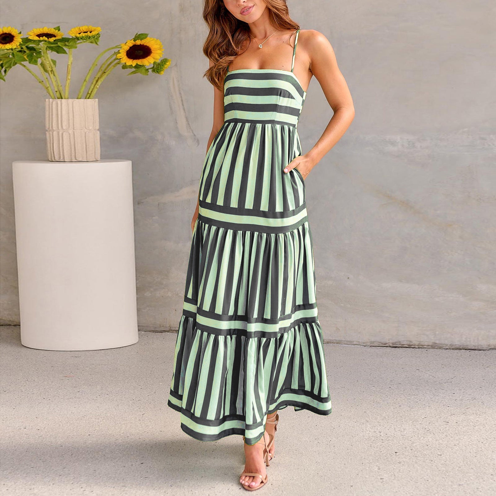 Summer Striped Printed Suspender Long Dress with Pockets Fashion Square Neck Backless Dresses for Beach Vacation Women Clothing