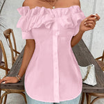 Women'S Solid Color Off-Shoulder Ruffled Blouse - Waist Button-Down Shirt for Vacation & Daily Wear