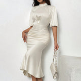 Women'S Short Sleeve Mock Neck Ruched Midi Dress Slim Fit Elegant Party Dress