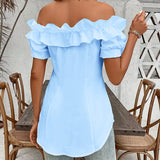 Women'S Solid Color Off-Shoulder Ruffled Blouse - Waist Button-Down Shirt for Vacation & Daily Wear