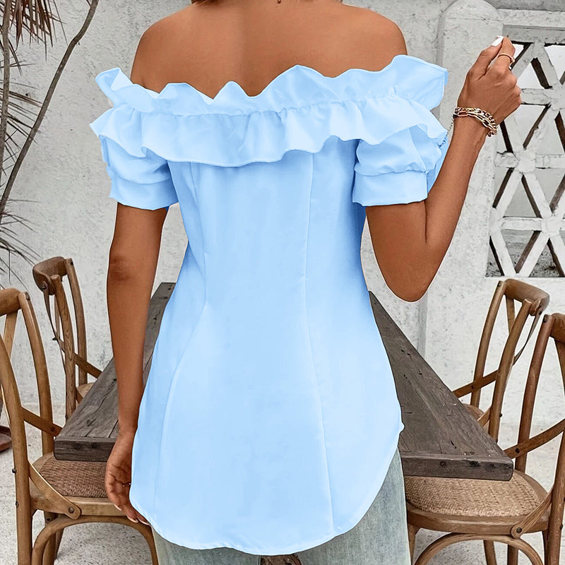 Women'S Solid Color Off-Shoulder Ruffled Blouse - Waist Button-Down Shirt for Vacation & Daily Wear