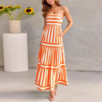 Summer Striped Printed Suspender Long Dress with Pockets Fashion Square Neck Backless Dresses for Beach Vacation Women Clothing
