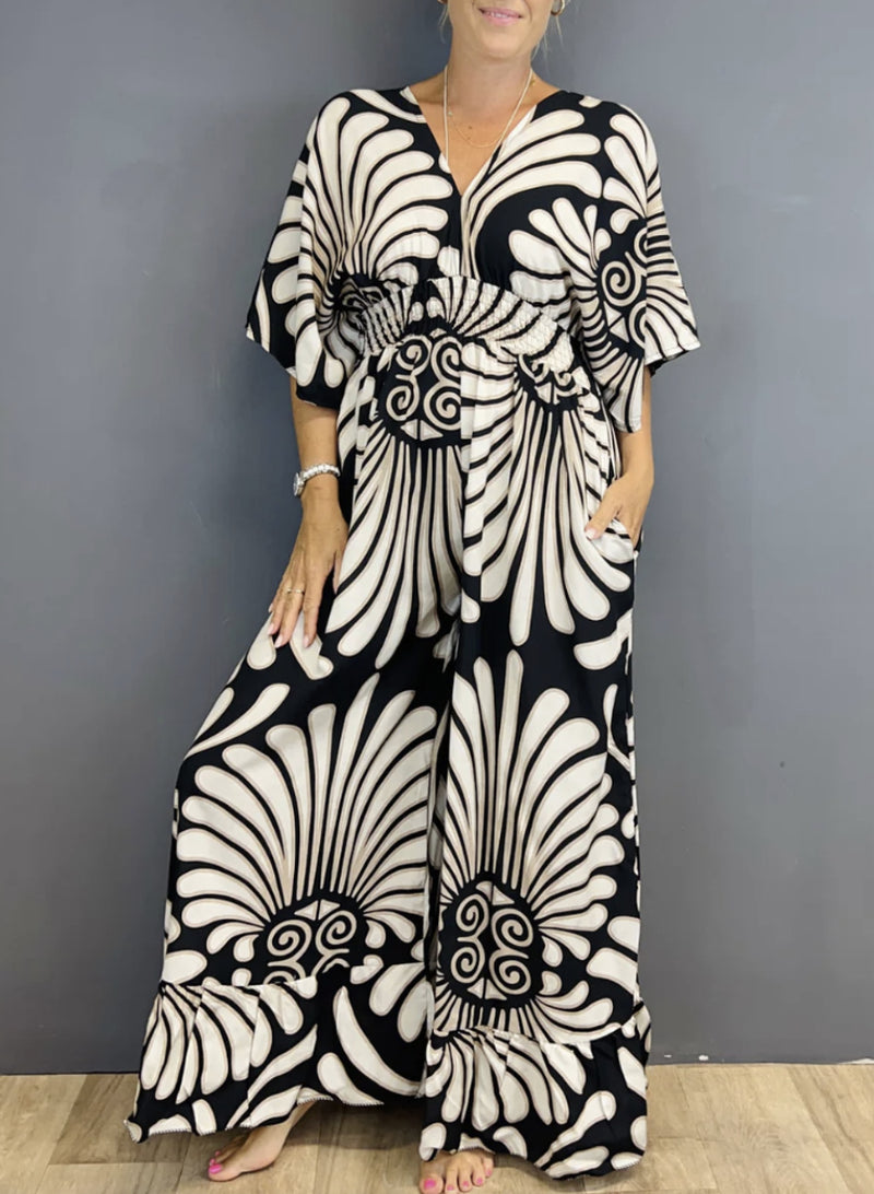 Autumn Lotus Leaf Long Sleeve V-Neck Printed Long High Waist Jumpsuit