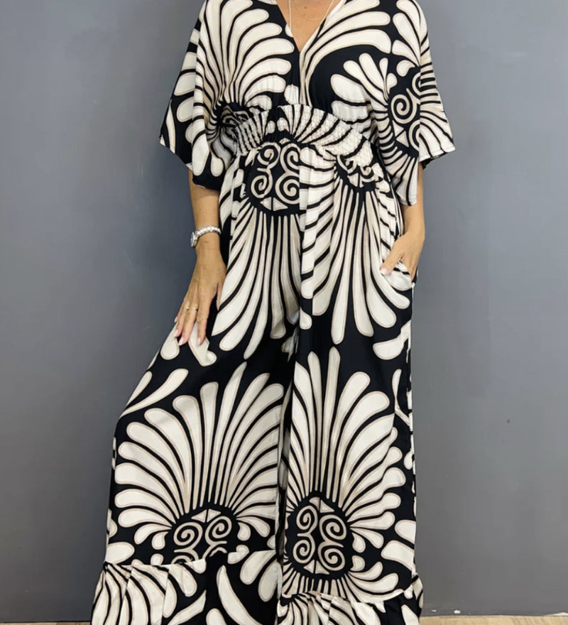 Autumn Lotus Leaf Long Sleeve V-Neck Printed Long High Waist Jumpsuit