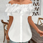 Women'S Solid Color Off-Shoulder Ruffled Blouse - Waist Button-Down Shirt for Vacation & Daily Wear
