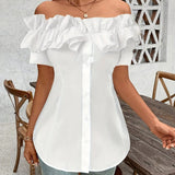 Women'S Solid Color Off-Shoulder Ruffled Blouse - Waist Button-Down Shirt for Vacation & Daily Wear