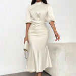 Women'S Short Sleeve Mock Neck Ruched Midi Dress Slim Fit Elegant Party Dress