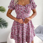 Women Mini Dress Temperament Big Swing Loose Hem Flower Print Shirring Dress up Short Sleeves High Waist Summer Dress Clothes