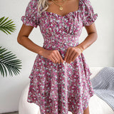 Women Mini Dress Temperament Big Swing Loose Hem Flower Print Shirring Dress up Short Sleeves High Waist Summer Dress Clothes