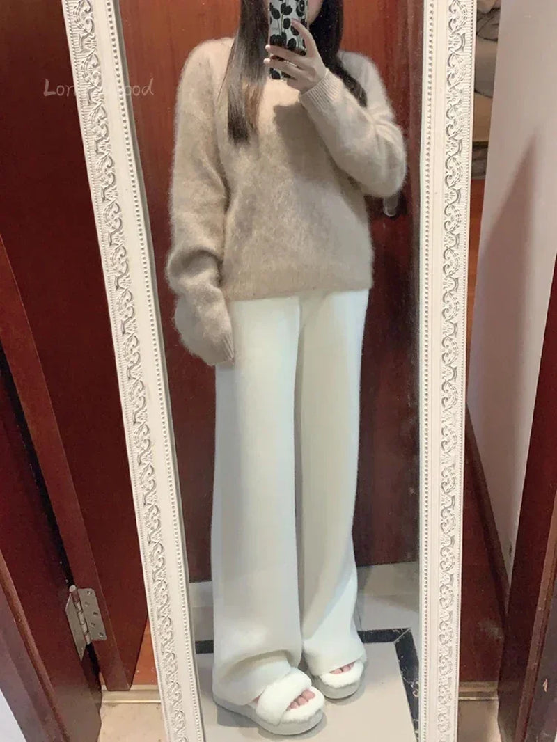 Autumn and Winter New High-Waisted Loose Wool Knitted Wide-Leg Trousers for Women to Wear Straight Leg Wide-Leg Moped Trousers