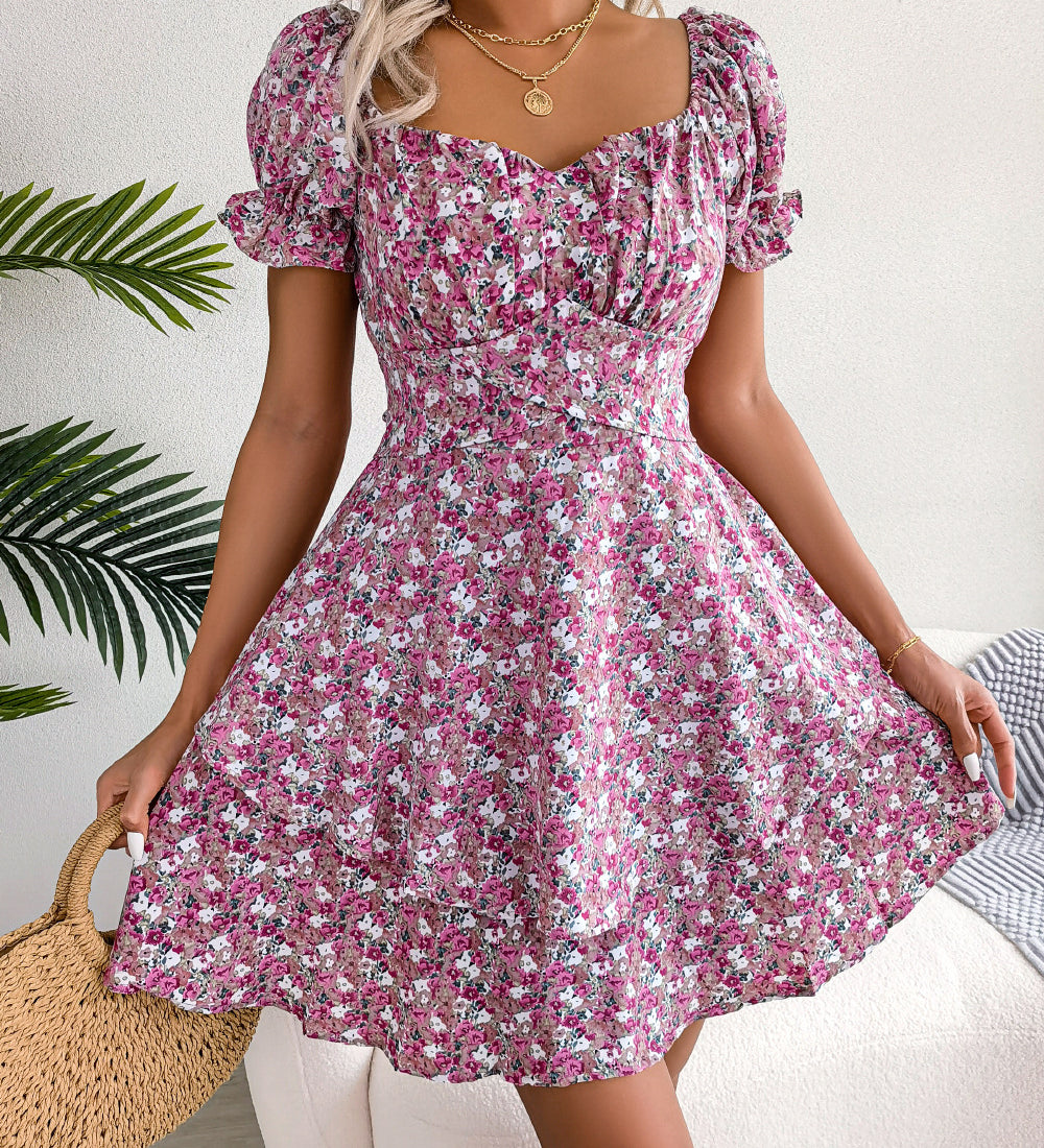 Women Mini Dress Temperament Big Swing Loose Hem Flower Print Shirring Dress up Short Sleeves High Waist Summer Dress Clothes