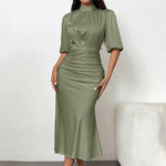 Women'S Short Sleeve Mock Neck Ruched Midi Dress Slim Fit Elegant Party Dress