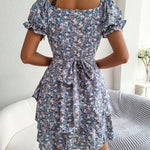 Women Mini Dress Temperament Big Swing Loose Hem Flower Print Shirring Dress up Short Sleeves High Waist Summer Dress Clothes
