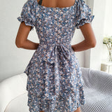 Women Mini Dress Temperament Big Swing Loose Hem Flower Print Shirring Dress up Short Sleeves High Waist Summer Dress Clothes