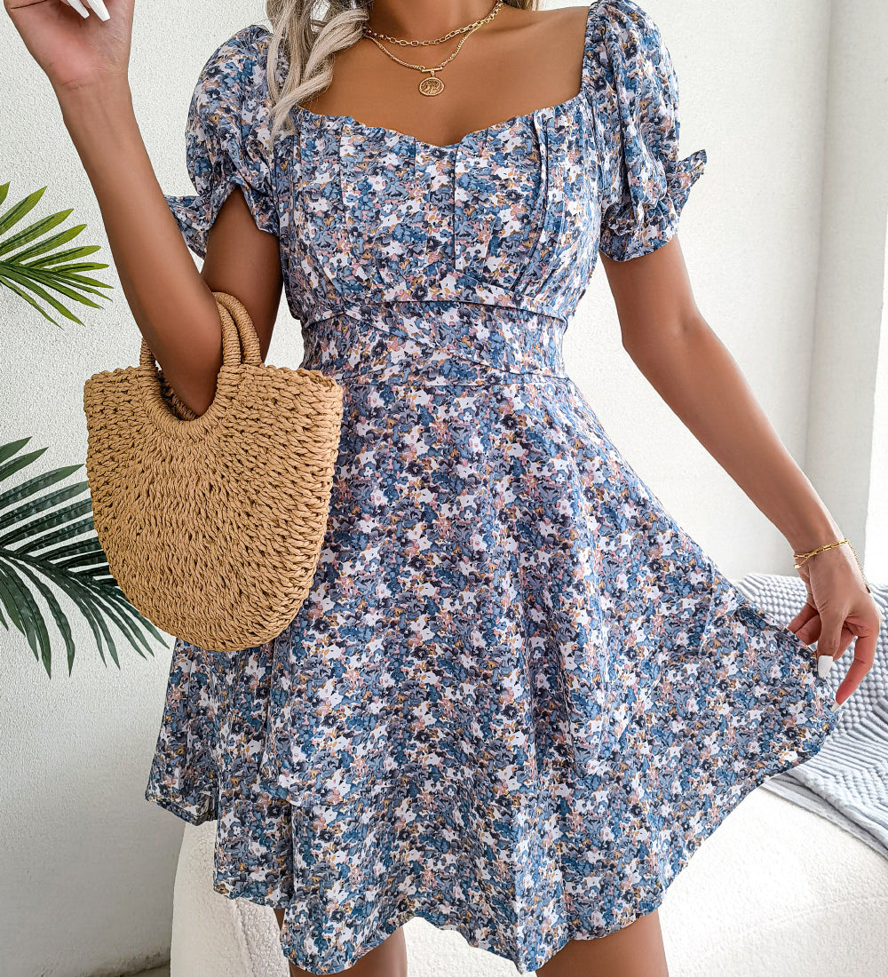 Women Mini Dress Temperament Big Swing Loose Hem Flower Print Shirring Dress up Short Sleeves High Waist Summer Dress Clothes