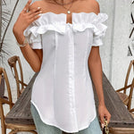 Women'S Solid Color Off-Shoulder Ruffled Blouse - Waist Button-Down Shirt for Vacation & Daily Wear