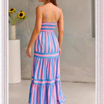 Summer Striped Printed Suspender Long Dress with Pockets Fashion Square Neck Backless Dresses for Beach Vacation Women Clothing