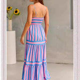 Summer Striped Printed Suspender Long Dress with Pockets Fashion Square Neck Backless Dresses for Beach Vacation Women Clothing