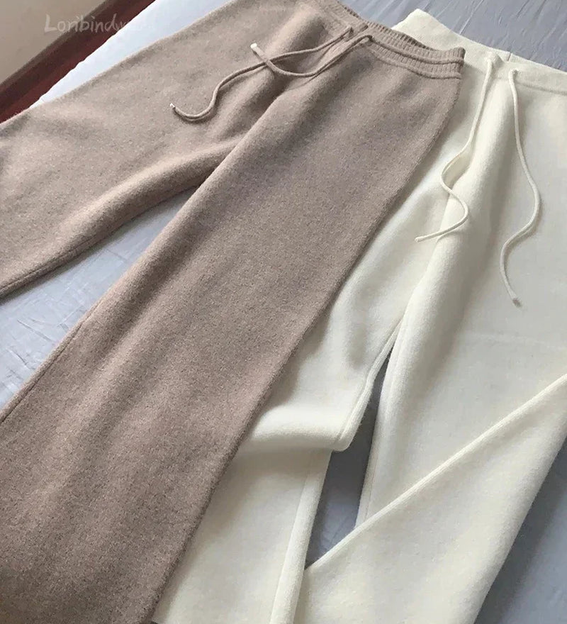 Autumn and Winter New High-Waisted Loose Wool Knitted Wide-Leg Trousers for Women to Wear Straight Leg Wide-Leg Moped Trousers