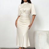 Women'S Short Sleeve Mock Neck Ruched Midi Dress Slim Fit Elegant Party Dress