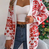 Christmas Clothes Women'S Open Front Cardigan Knitwear Lantern Sleeve Xmas Printed Oversized Deer Sweater Pockets Knitted