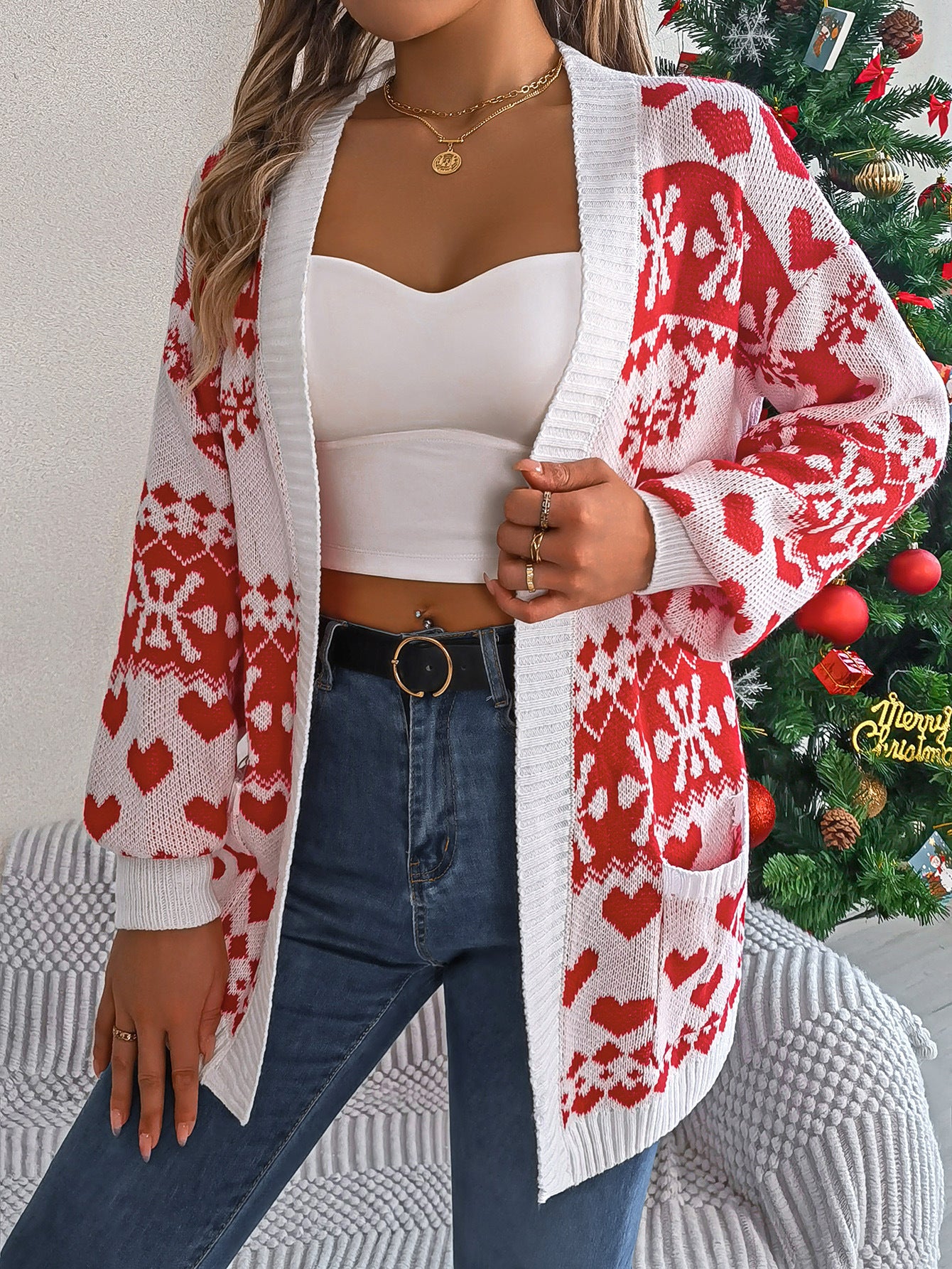 Christmas Clothes Women'S Open Front Cardigan Knitwear Lantern Sleeve Xmas Printed Oversized Deer Sweater Pockets Knitted